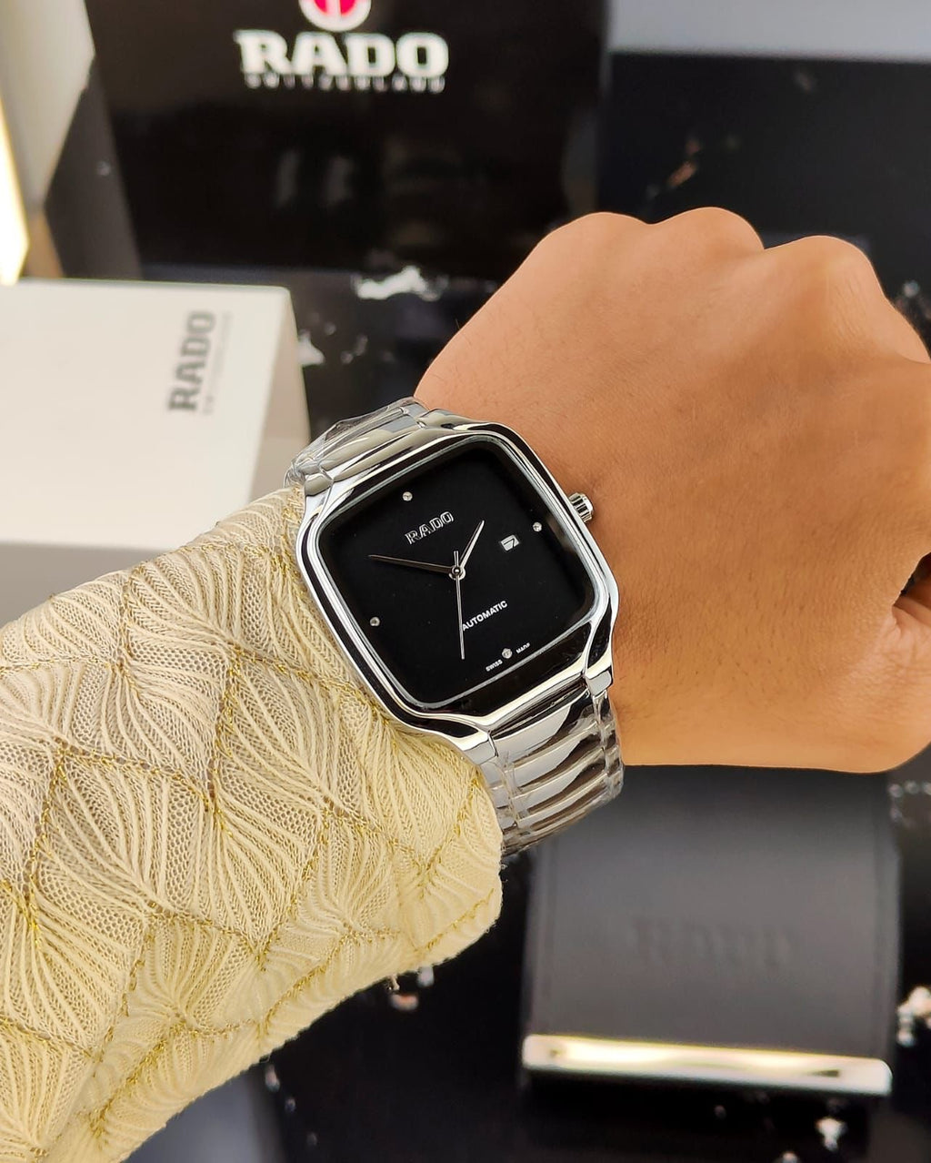 RADO TRUE SQUARE WATCH WITH A POLISHED SILVER-TONE CASE AND A BLACK DIAL