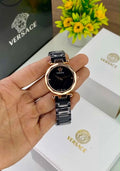 VERSACE WOMEN’S WATCH A ROSE GOLD BEZEL AND BLACK DIAL WITH ICONIC LOGO