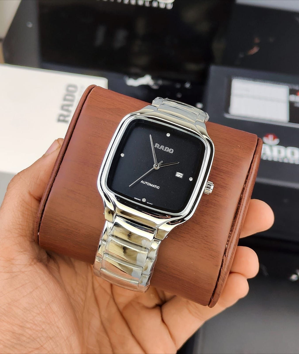 RADO TRUE SQUARE WATCH WITH A POLISHED SILVER-TONE CASE AND A BLACK DIAL