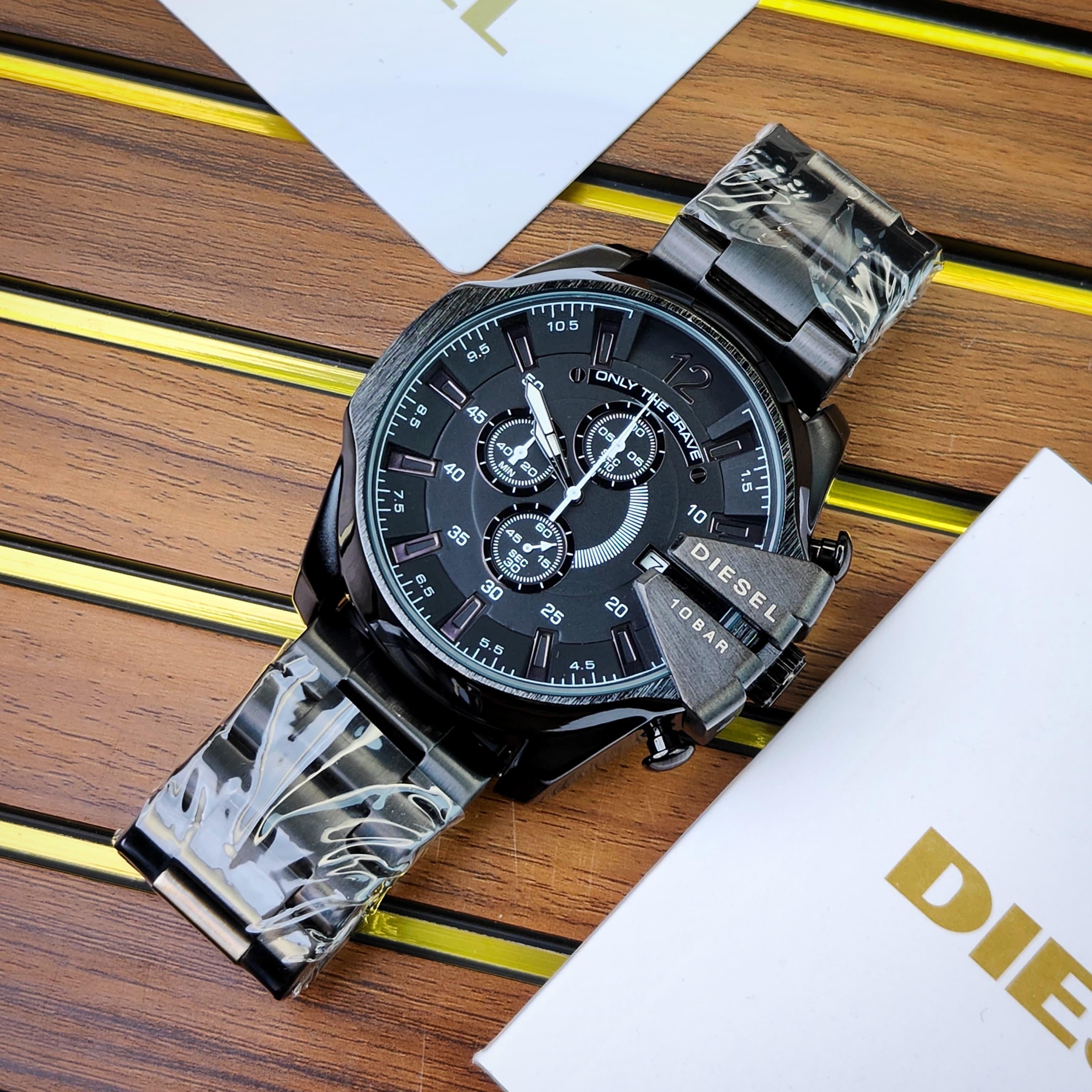 DIESEL MEN’S MEGA CHIEF CHRONOGRAPH WATCH A BLACK DIAL AND MATCHING STAINLESS STEEL BAND