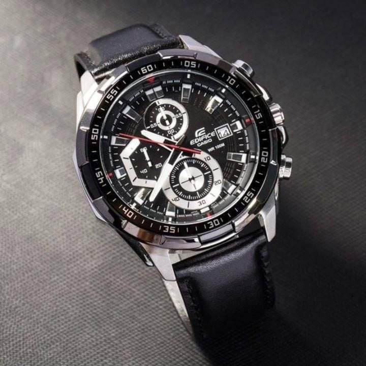 EDIFICE CASIO CHRONOGRAPH WATCH A BLACK DIAL AND BLACK LEATHER STRAP