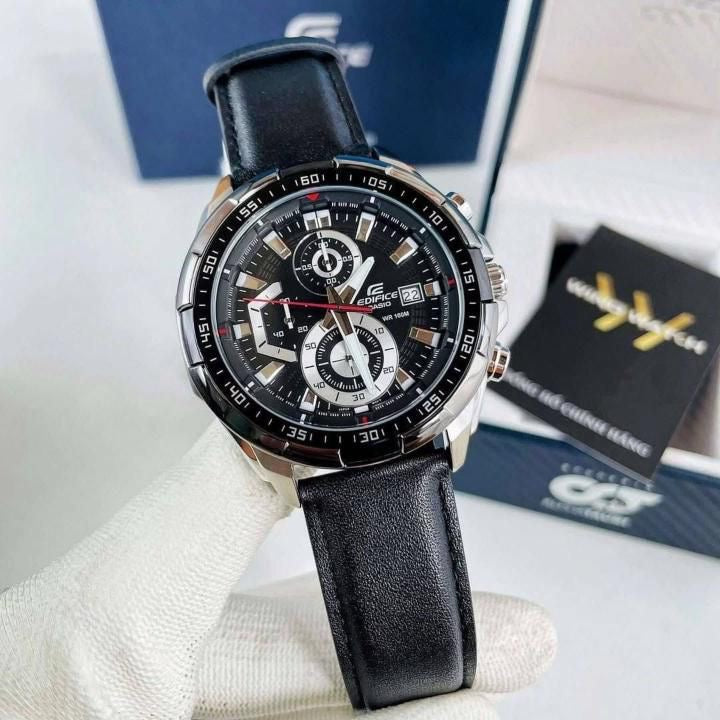 EDIFICE CASIO CHRONOGRAPH WATCH A BLACK DIAL AND BLACK LEATHER STRAP