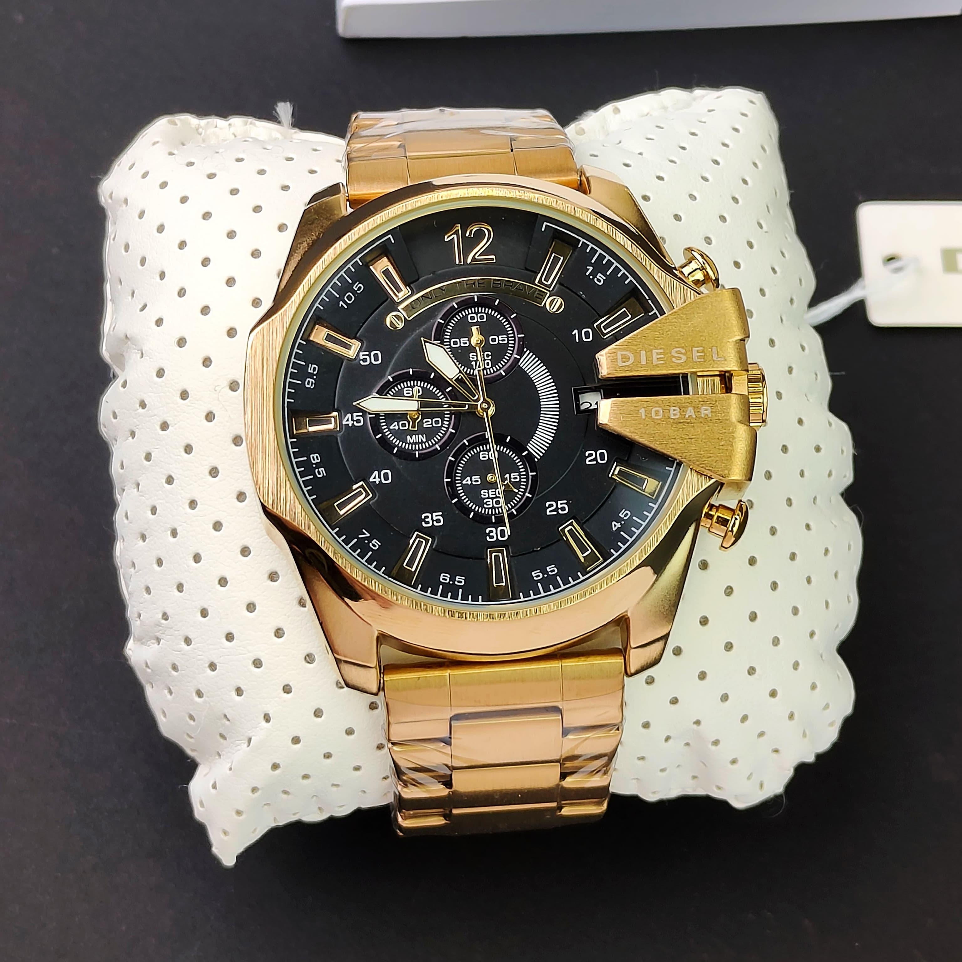 DIESEL 10 BAR MEGA CHIEF CHRONOGRAPH WATCH IN GOLD TONE WITH A BLACK DIAL