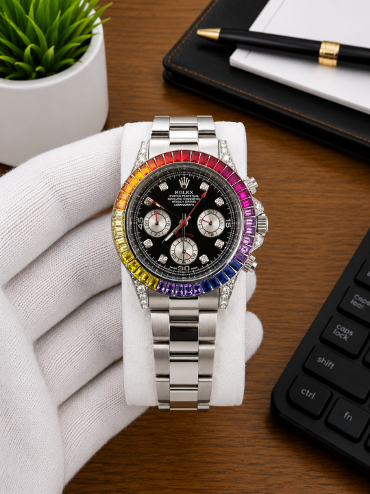 ROLEX RAINBOW_DIAMOND_SILVER_BLACK_DIAL_AT235