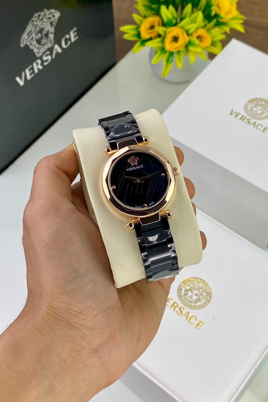 VERSACE WOMEN’S WATCH A ROSE GOLD BEZEL AND BLACK DIAL WITH ICONIC LOGO