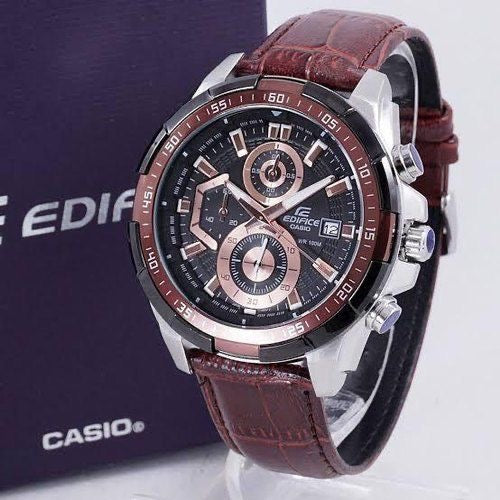 EDIFICE CASIO CHRONOGRAPH WATCH A BLACK DIAL AND BLACK LEATHER STRAP