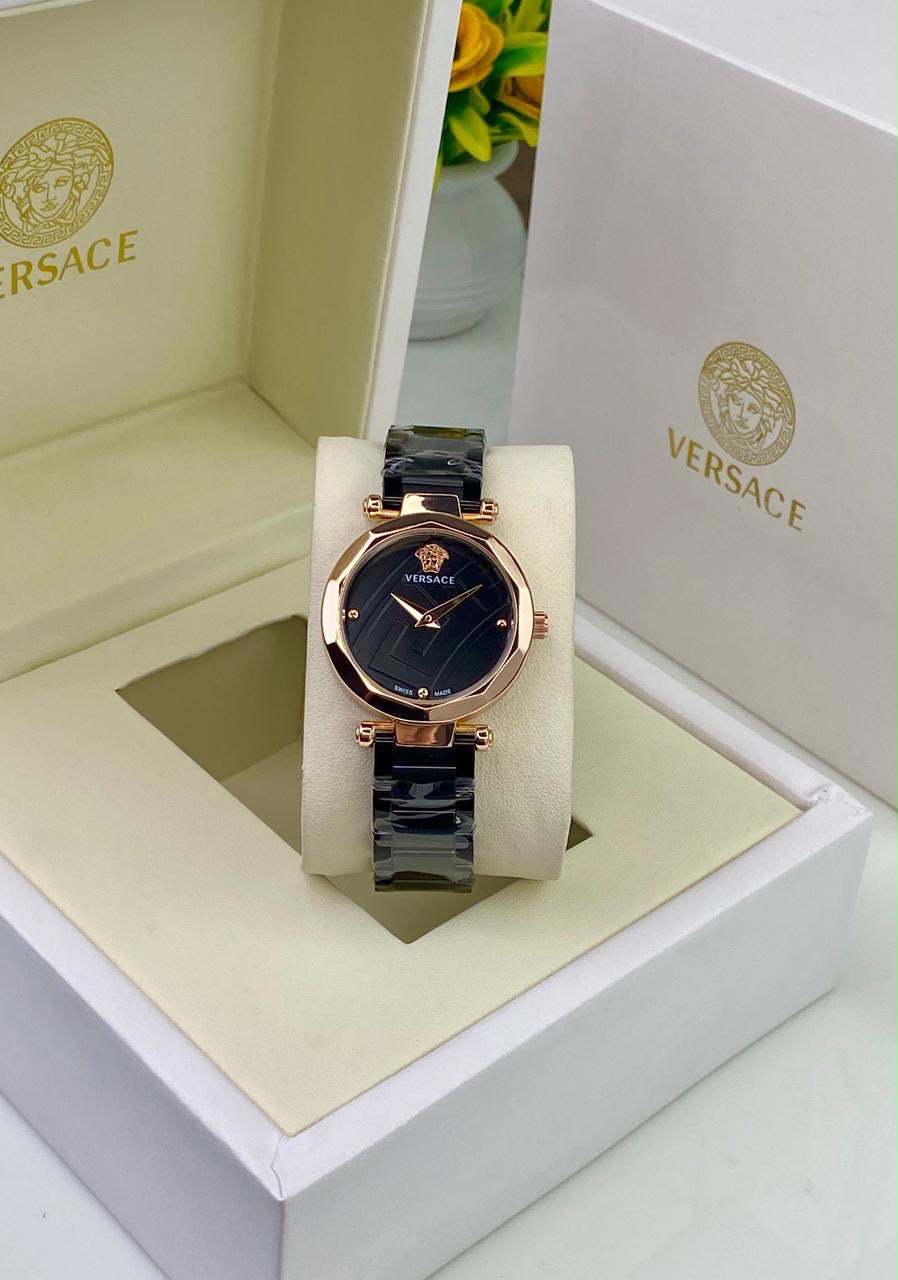 VERSACE WOMEN’S WATCH A ROSE GOLD BEZEL AND BLACK DIAL WITH ICONIC LOGO