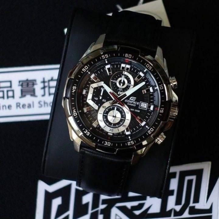 EDIFICE CASIO CHRONOGRAPH WATCH A BLACK DIAL AND BLACK LEATHER STRAP