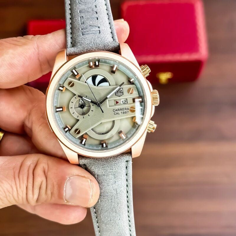 TAG HEUER CARRERA CALIBRE 1887 CHRONOGRAPH WATCH A ROSE GOLD CASH AND A GRAY LEATHER STRAP