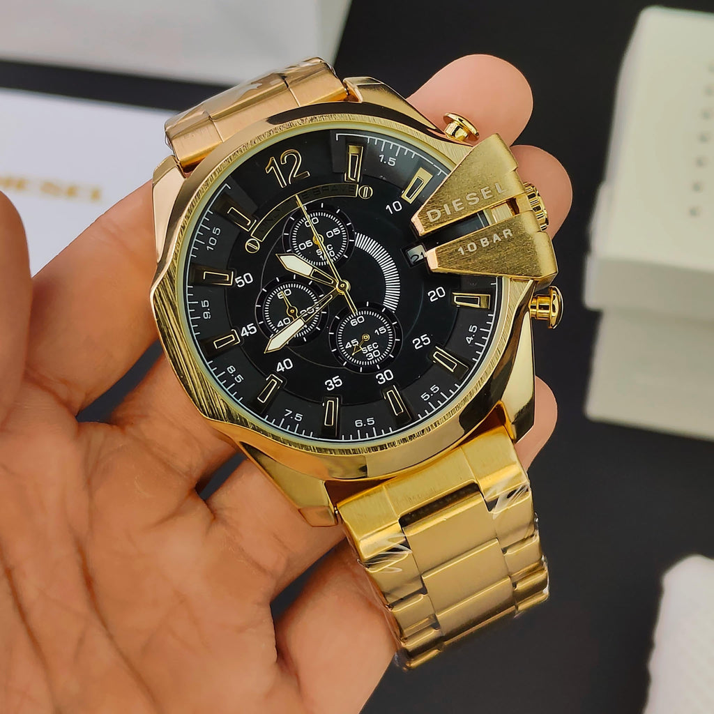 DIESEL 10 BAR MEGA CHIEF CHRONOGRAPH WATCH IN GOLD TONE WITH A BLACK DIAL