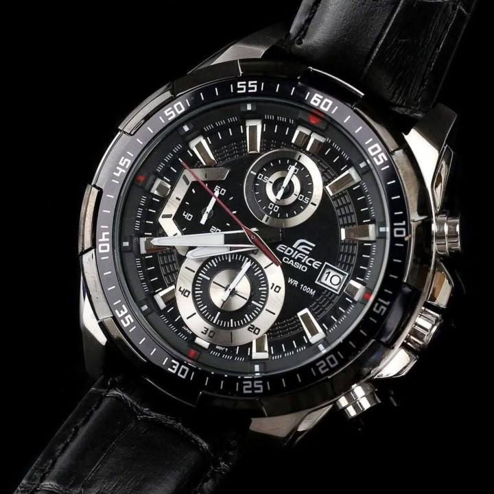 EDIFICE CASIO CHRONOGRAPH WATCH A BLACK DIAL AND BLACK LEATHER STRAP