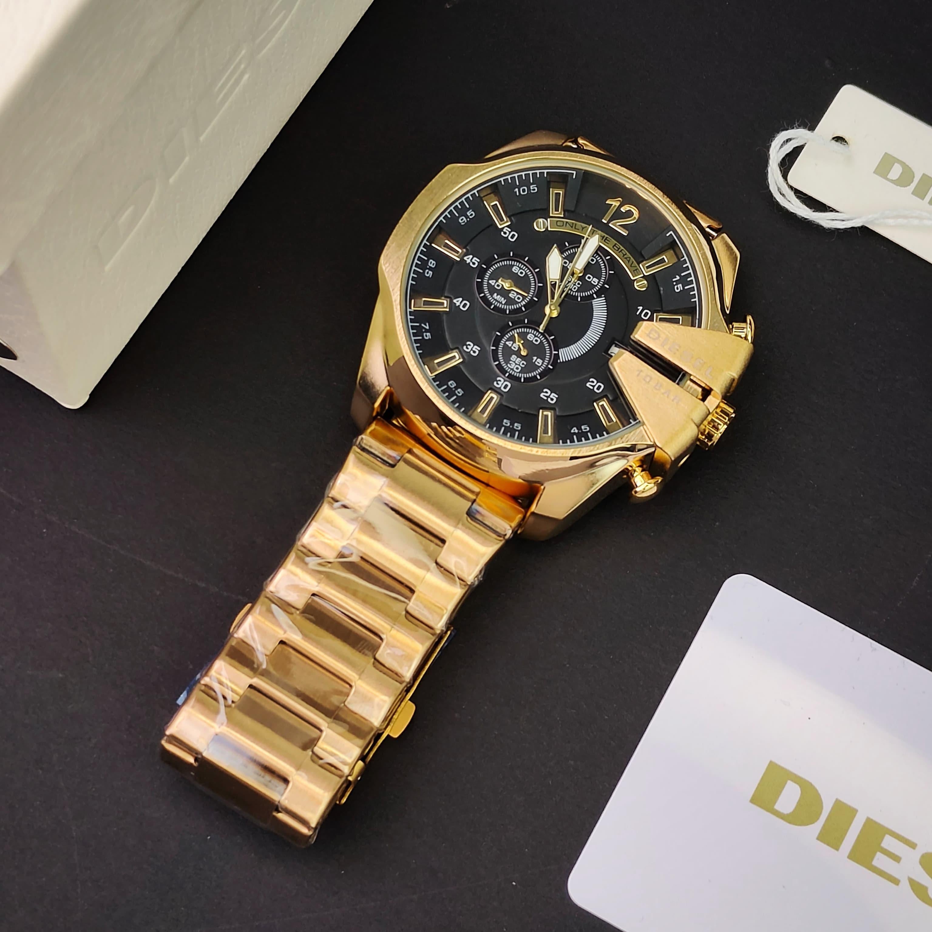 DIESEL 10 BAR MEGA CHIEF CHRONOGRAPH WATCH IN GOLD TONE WITH A BLACK DIAL