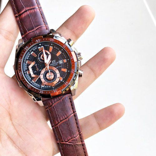 EDIFICE CASIO CHRONOGRAPH WATCH A BLACK DIAL AND BLACK LEATHER STRAP