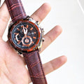 EDIFICE CASIO CHRONOGRAPH WATCH A BLACK DIAL AND BLACK LEATHER STRAP