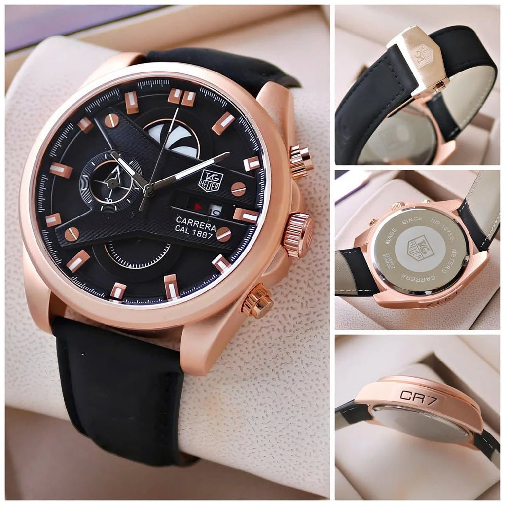 TAG HEUER CARRERA CALIBRE 1887 WATCH A ROSE GOLD-TONE CASH A BLACK DIAL AND BLACK STRAP