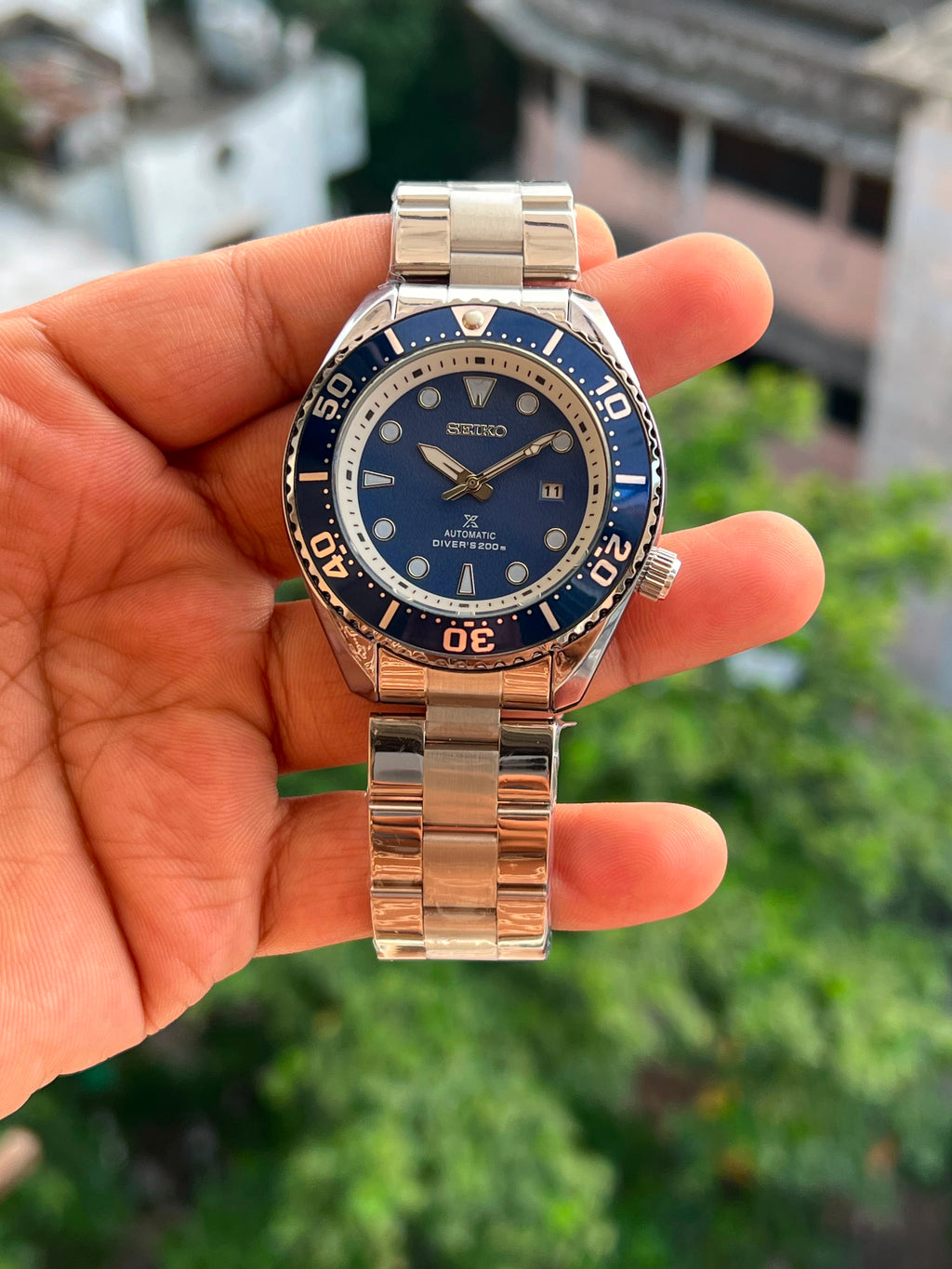 SEIKO PREMIUM SWIFT MOVEMENT BACK OPEN SILVER BLUE