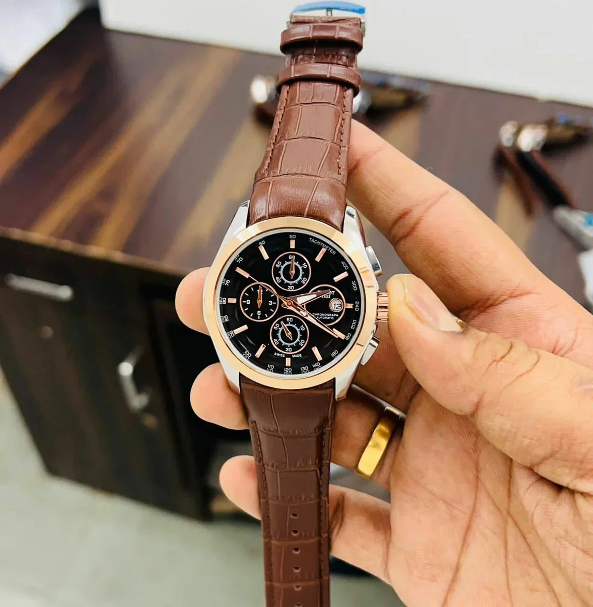 TISSOT 1853 CHRONOGRAPH LEATHER BELT (BROWN BLACK)